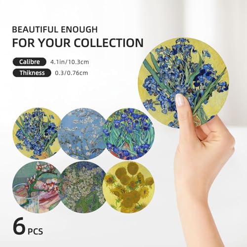 Van Gogh Drink Coasters with Holder - 6 Set Ceramic Coaster for Drinks Absorbent with Cork Base and Golden Holder - Coasters for Coffee Table Apartment Wooden Bar Mugs Glasses Cup Beer