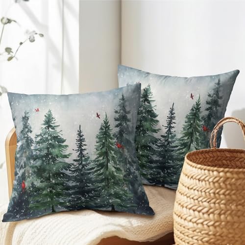 Green Tree Throw Pillow Covers Winter Snowy Forest Pillowcase 22x22 inch 2 PCS Nature Landscape Red Bird Decorative Cushion Cover for Home Patio Sofa Bedroom