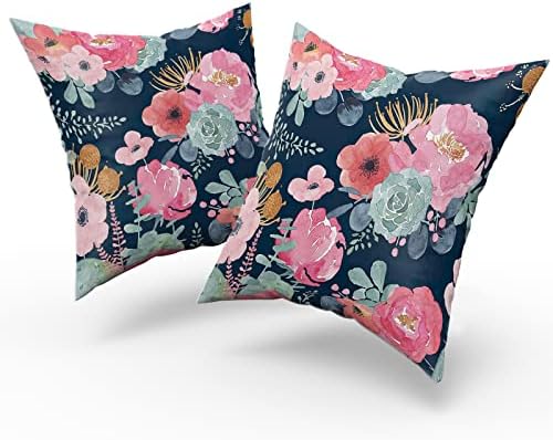 Watercolor Flower Throw Pillow Cover 22x22 Inch Pink Peony Floral with Green Leaf Decorative Pillow Cases Summer Navy Blue Cushion Cover for Home Bedroom Outdoor Garden Decor