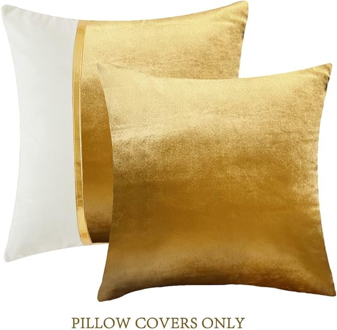 Fancy Homi 2 Packs Gold Decorative Throw Pillow Covers 18x18 Inch for Living Room Couch Bed, Velvet Patchwork with Gold Leather, Luxury Modern Farmhouse Home Decor, Accent Cushion Case 45x45 cm