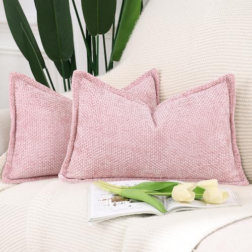 MADIZZ Decorative Chenille Velvet Throw Pillow Covers Set of 2 Soft Boho Textured Neutral Couch Throw Pillow for Bed Modern Farmhouse Home Decor for Sofa Livingroom Pink 12x20 Inch
