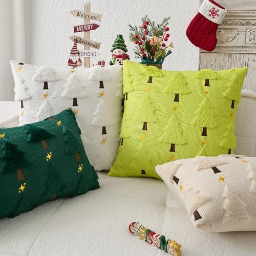 Kevin Textile Christmas Tree Pillow Covers 18x18 Inch Set of 2 Twinkle Golden Star Embroidery Soft Plush Faux Fur Throw Pillowcases for Couch Sofa Holiday Festivals Winter Xmas Gift, Green