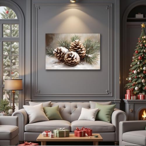 Framed Christmas Wall Decor for Living Room 8x12inch, Vintage Pinecone Still Life Canvas Print, Rustic Winter Snow Scene Pictures Artwork, Farmhouse Season Wall Art for Home Decor
