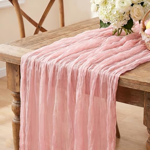 3Pcs Pink Cheesecloth Table Runner, 10FT Dusty Pink Boho Gauze Table Runner for Spring Easter Girl Baby Shower Bridal Shower Wedding Tea Party Pink Birthday Decorations