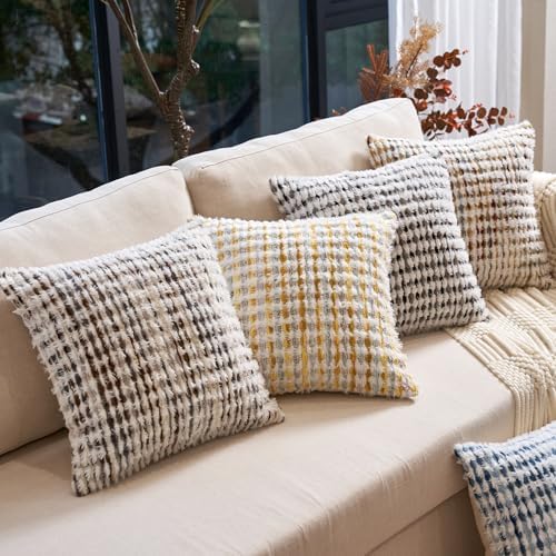 Aeckself Boho Chenille Tufted Pillow Cover 18 x 18 Inch, Decorative Square Throw Pillow Cover Neutral Pillowcase for Couch Bedroom Living Room, Brown White