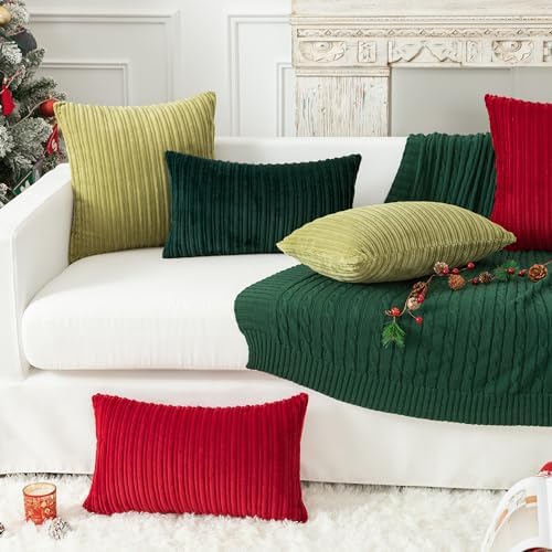 Kevin Textile Striped Corduroy 22”x22” Pillow Covers 2 Pack, Dark Green