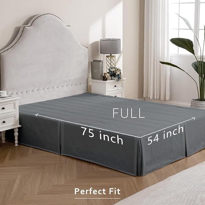 MIYE Pleated Waffle Weave Bed Skirt, Tailored Dust Ruffle 16 Inch Drop Easy Fit, Machine Washable (Dark Grey, Full - 16" Drop)