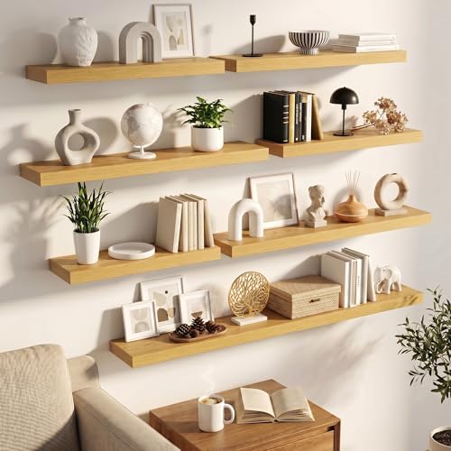 FLYJOE 32 Inch Floating Shelves for Wall Set of 2, 6.5" D Wood Grain Bathroom Shelves with Invisible Brackets, Easy Install Engineered Wood Storage Shelves for Kitchen, Living Room, Bedroom