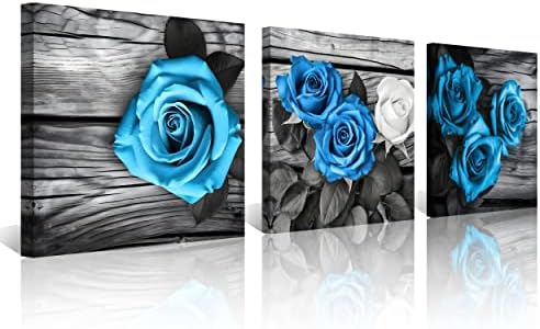 NAN Wind Blue Wall Decor for Living Room Blue Bathroom Accessories Black and White Canvas Wall Art Blue Rose Pictures Bedroom Decor Modern Painting Kitchen Home Decorations 20x20 3 Pcs/Set