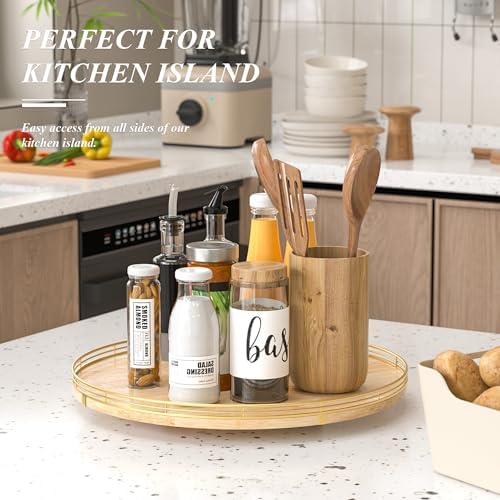 AMH 18-Inch Rustic Lazy Susan with Solid Oak Base and Black Iron Rail