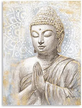 Gold Buddha Wall Art Decor: Small Laughing Buddha Painting with Mandala Flower and Gold Leaf Buddha Pictures for Living Room Bedroom Yoga Room Buddhist Meditation Room Home Decorations 12x16inch