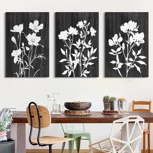 Black and White Silhouette Wall Art Abstract Flower Pictures Wall Decor Farmhouse Botanical Canvas Prints Rustic Floral Painting Poster Modern Artwork for Bedroom Living Room Decoration 24x36" 3Pcs