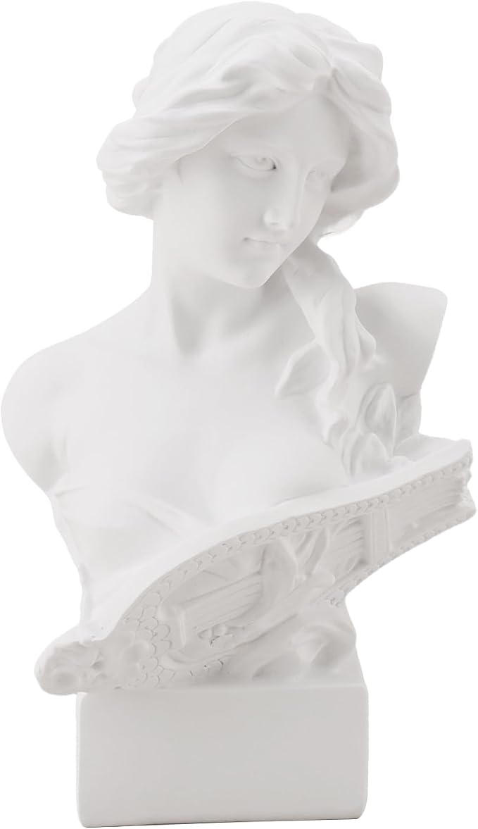 6" Greek Statue of Musical Goddess, White Resin Lyre Player Sculpture