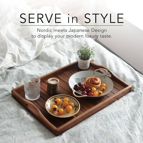 Large Acacia Wooden Serving Tray with Handles 20 x 14 inch Decorative Coffee Table Ottoman Tray for Living Room Extra Large for Kitchen Dinner Food Bar Breakfast in Bed (Color Natural)