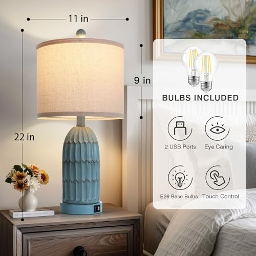 Cinkeda Coastal Table Bedside Lamps Set of 2, Farmhouse 3-Way Dimmable Touch Nightstand Lamp with 2 USB Charging Ports, Vintage Bedside Lamp for Bedroom Living Room End Table Retro Blue