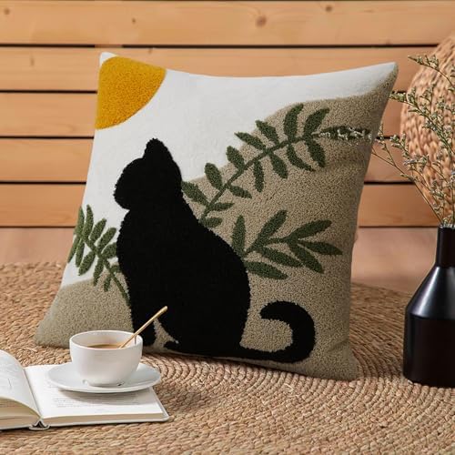 JASEN Cat Boho Throw Pillow Covers 18x18 Cute Absract Tufted Pillow Covers Cushion Case for Bed Couch Sofa Home Decor（Only 1 Pillow Cover）