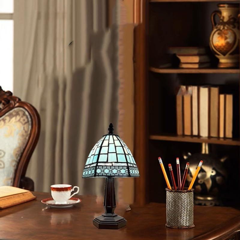 Small Tiffany Style Table Lamp,3 Color Temperature Grid Blue Stained Glass Table Lamps,Bedside Nightstand Night Light for Bedroom,Living Room, Dining Room W/LED Bulb,6X6X13Inch