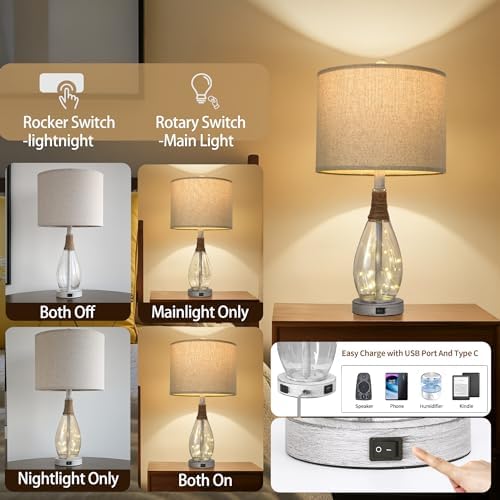 OYEARS 23" Table Lamps for Living Room Set of 2 Bedside Lamps for Night Stands Bedroom Lamps Farmhouse Rattan Boho Lamp Glass Nightlight End Table Lamp with USB C+A (White),Two Light Points