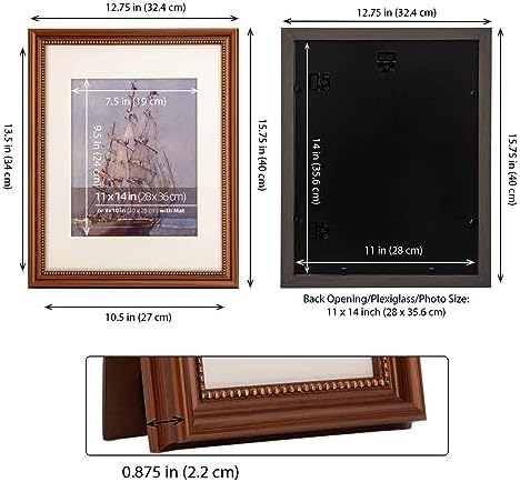 11x14 in Wood Classic Gallery Picture Frame, Ornate Beaded Inner, Matted for 8x10 Photo, Vertical or Horizontal Display, Brushed Brown Brass