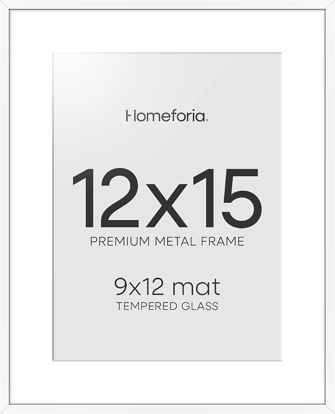 Homeforia 12x15 White Picture Frame, High-End Metal, 9x12 Mat, Glass