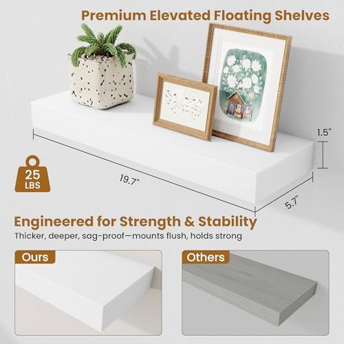 Fun Memories Floating Shelves Bathroom for Wall Mounted Shelves, 20 Inch Wood Shelf Set of 2, Home Storage & Display Decor, White