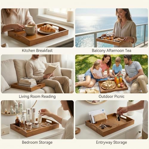 GOLD HONEY Bamboo Serving Tray with Handles, Wooden Serving Tray Set of 2