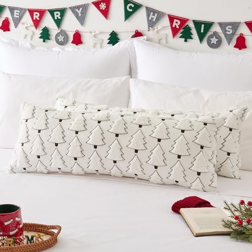 Kevin Textile Christmas Tree 14x36 Inch Long Lumbar 1 Pack Luxury Embroidery Soft Plush Faux Fur Rectangle Cushion Case for Couch Sofa Holiday Festivals Winter Xmas Gift, Cream White & Green