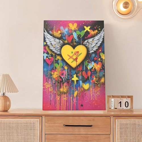 Crekviy Banksy Wall Art Street Graffti Wall Decor Heart Wings Canvas Prints Painting Romantic Artwork Decorations for Bathroom Bedroom Living Room Office Framed Gifts 16"x24"