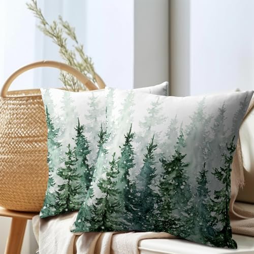 Winter Forest Pillow Covers 20x20 Inch 2Pcs Watercolor Green Misty Pine Tree Nature Landscape Throw Pillows Cover Mountain Square Cushion Cover for Home Sofa Patio Living Room