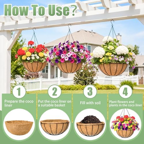 2 Pack 12 Inch Hanging Baskets for Plants Outdoor Metal Hanging Planters Round Hanging Flower Pots with Coco Coir Liner Plant Holder for Outdoor Patio Garden Balcony Decor - Watermelon