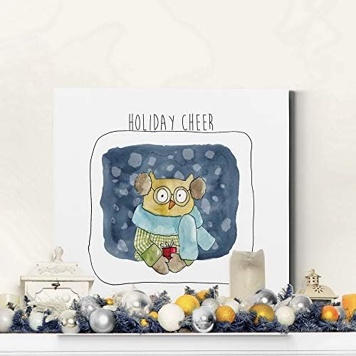 Renditions Gallery Abstract Animal Wall Art for Home Decor Christmas Owl Holding gift in a Snow Canvas Hanging Artwork for Dining Living Room Kitchen Decorations - 24"X24" LT05
