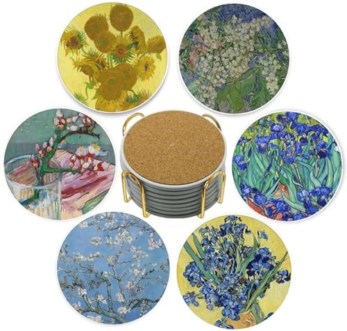 Van Gogh Drink Coasters with Holder - 6 Set Ceramic Coaster for Drinks Absorbent with Cork Base and Golden Holder - Coasters for Coffee Table Apartment Wooden Bar Mugs Glasses Cup Beer