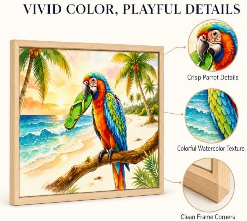 Framed Funny Parrot Bathroom Wall Art, Tropical Macaw Coastal Canvas Print | Coastal Beach Decor Colorful Bird Picture for Bath Pool House Tropical Palm Tree Poster Beach House Wall Decor 16x24Inches
