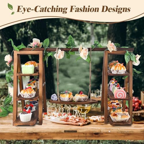 Wisreach Wooden 3 Tier Cupcake Stand with Swing and Flower Decoration Serving Removable Tray Display Serving Ladder Foldable Stand with Serving Platter Tray Party Food Display Set for Cake Snack Fruit Chips Bread Centerpieces Catering
