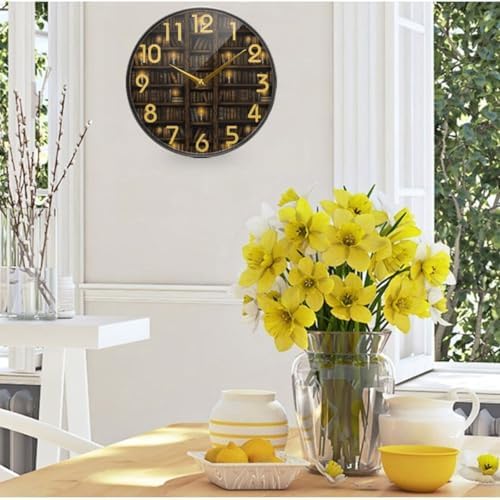 Naanle Multi-storied Mysterious Bookshelf Library Print Round Wall Clock, 12 Inch Silent Battery Operated Quartz Analog Quiet Desk Clock for Home,Office,School,Kitchen