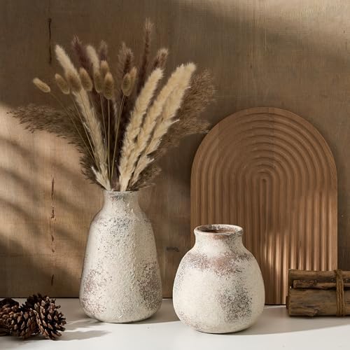 PORCER Ceramic Vase Set of 2 for Home Decor, Handcrafted Vintage Terracotta Vases, Rustic Farmhouse Decor, Minimalist Decorative Vase Set for Table Centerpiece Fireplace Nightstand Decoration - Brown
