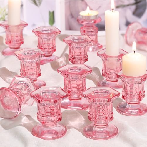 Lanttu 12 Pcs Pink Candlestick Holders Bulk Glass Candle Holders 2.9"x3.08"