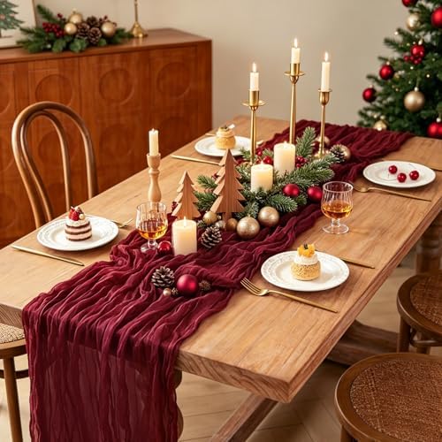 3Pcs Burgundy Table Runner, 10FT Boho Rustic Burgundy Maroon Table Runner 120inch Cheese Cloth Red Runner for Wedding Christmas Birthday Holiday Party Decorations