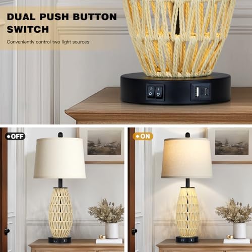 CINSARY 27“ Beige Boho Rattan Table Lamps with Night Light, Natural Bedroom Lamps Set of 2 with USB A+C Charging Ports, Rustic Farmhouse Woven Wicker Bedside Nightstand Lamp for Living Room End Tab