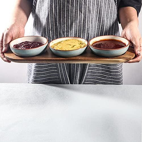 Artena 6oz Turquoise Solid Ceramic Chips and Dip Serving Platter with Acacia Wooden Tray, 4.5inch Glazing Small Serving Bowls/Dipping Dishes for Condiments,Side Dishes, Dipping, Pre, Dessert, Salsa
