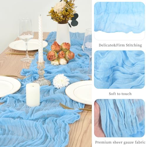 10 Pack Light Blue Table Runner 10Ft Cheesecloth Table Runner Boho Gauze Cheese Cloth Table Runners Romantic Long Sheer Fabric Table Runners for Wedding Party Bridal Shower