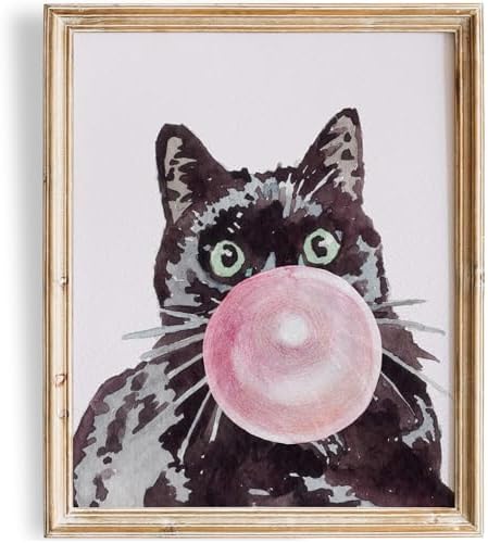 DREAM BIG PRINTABLES Cat Blowing Bubble Gum | Bombay Black Cat Art Print - 11x14 (Unframed) | Adorable Feline Decor for Cat Lovers