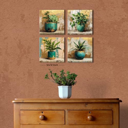 AIYISU Green Botanical Wall Art Green and Gold Bathroom Wall Decor Farmhouse Succulent Plant Pictures Vintage Rustic Tropical Canvas Prints Artwork for Living room Office Home Decorations 12x12 4Pcs