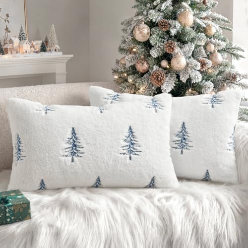 MIULEE Christmas Lumbar Faux Fur Pillow Covers 12x20 Inch White Blue
