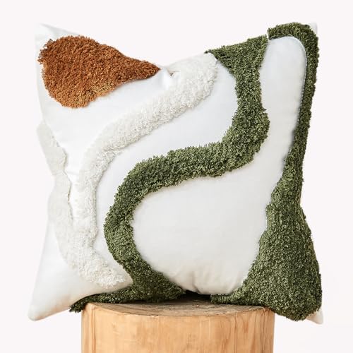 lifein 18x18 Pillow Covers-Throw Pillow Covers Boho Couch Pillows Embroidered Decorative Accent Pillows Mid Century Textured Pillowcases for Couch Sofa Living Room Bed (Olive Green and Cream)