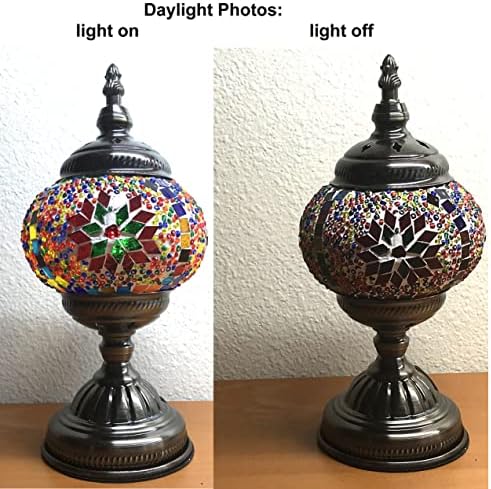SILVERFEVER Handcrafted Mosaic Turkish Lamp Moroccan Glass Table Desk Bedside Light Bronze Base with E12 Bulb (Christmas Starburts)