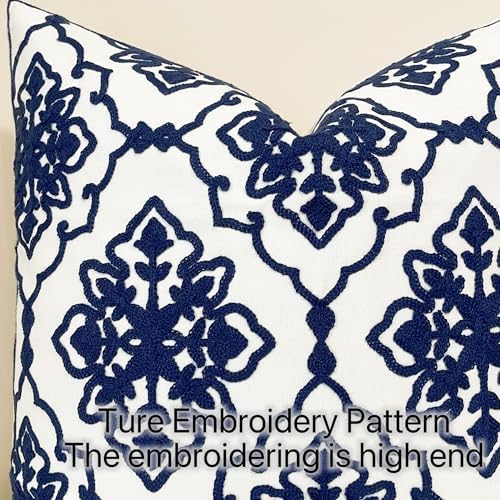 Slow Cow Pack of 2 Canvas Embroidery Decorative Cushion Covers Navy Blue Bohemian Flower Throw Pillow Covers 18 x18 inches