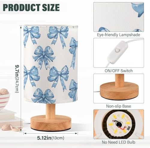 Bedside Table Lamp Blue Bows Printed Nightstand Lamp with Wood Desk Lamps for Bedroom Living Room Nursery Office Home Decor