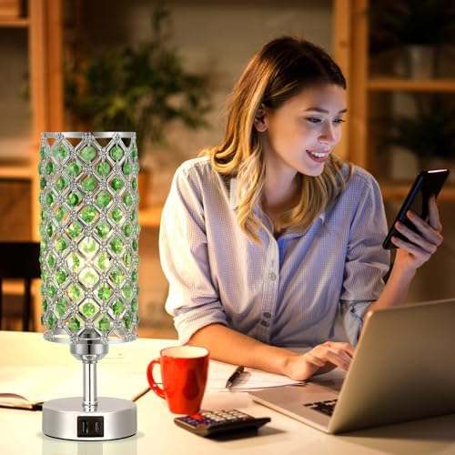 Green Crystal Bedside Lamp, Nightstand Lamp for Bedroom (Bulb included)