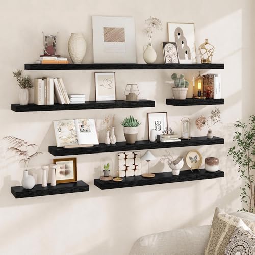 Fun Memories 72Inch Floating Shelves,Wall Mounted Rustic Wood Floating Shelf with Invisible Brackets for Storage & Decor,2 Pack Shelves for Bathroom,Bedroom and Kitchen,Black